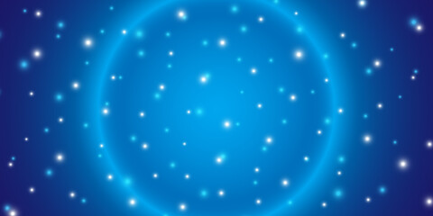 Blue space horizontal vector background with abstract planet halo and glittering shiny stars.