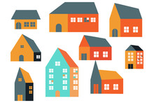 Colurful House Set, Cute Cartoon Little House Small Town House, Simple City Building, Minimal Suburban Residential House Vector Icon Illustration Set. Multicolored Small House.