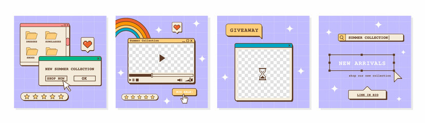 Set of vaporwave ig post templates for social media. Abstract retro 80s 90s aesthetic groovy backgrounds with old computer user interface, dialog window and nostalgic elements. Vector illustration.