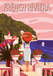 © hadeev - French Riviera Nice coast poster vintage. Woman on vacation, resort, coast, sea, beach. Retro style illustration vector