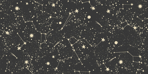 Wall Mural - Mystical night sky with constellations seamless pattern. Mystical esoteric black boho background for fabric design, tarot, astrology, wrapping paper. Vector illustration.