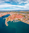 Captivating summer view from flying drone of Koper port. Wonderful outdoor scene of Adriatic coastline, Slovenia, Europe. Spectacular Mediterranean seascape. Traveling concept background.