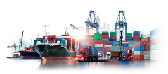 Wall Mural - Global business logistics import export of containers cargo freight ship loading at port by crane, container handlers, cargo plane, truck on city background with copy space, transport industry concept