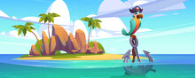 Pirate Parrot In Hat On Anchor On Sea Beach. Vector Cartoon Illustration Of Uninhabited Tropical Island Landscape With Palm Trees, Rocks, And Corsair Bird In Black Hat With Skull