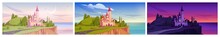 Magic Castle On Mountain Sea Cliff At Dusk, Morning And Day Time Summer Season. Fairytale Pink Princess Palace At Ocean Seascape View Under Cloudy Sky. Fantasy Architecture Cartoon Vector Illustration