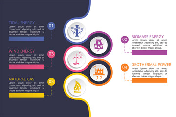 Wall Mural - Infographic Alternative Energy template. Icons in different colors. Include Tidal Energy, Biomass Energy, Wind Energy, Geothermal Power and others.