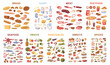 Set of food, isolated butchery and grocery products. Vector in flat style, bread pastry and dairy, meat and fast-food, seafood and fruits, vegetables and sweets spices, fastfood and takeaway snacks