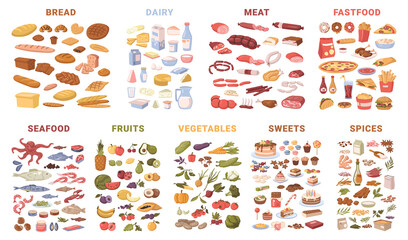 Set of food, isolated butchery and grocery products. Vector in flat style, bread pastry and dairy, meat and fast-food, seafood and fruits, vegetables and sweets spices, fastfood and takeaway snacks