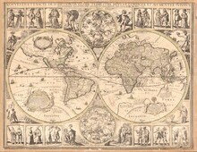 Antique World Map In Hemispheres 1645. Raster Vintage Illustration.