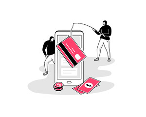 Fototapete - Illustration of credit card fraud symbol with a smartphone and two hackers. Easy to use for your website or presentation.