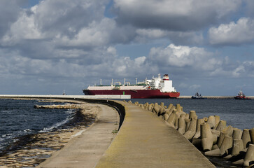 Poster - LNG TANKER - Ship on the background of the port breakwaters