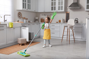 Sticker - Cute little girl with mop singing while cleaning at home