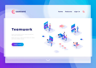 Wall Mural - Teamwork office people and interact with computers. Landing page template. 3d isometric vector illustration.