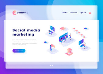 Wall Mural - Social media marketing office people and interact with computers. Landing page template. 3d isometric vector illustration.