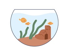 Aquarium With Goldfishes Swimming In Water. Round Glass Fishbowl With Gold Fishes, Seaweeds, Sand Castle. Home Decorative Fauna. Interior Decor. Flat Vector Illustration Isolated On White Background