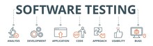 Software Testing Banner Web Icon Vector Illustration Concept With Icon Of Analysis, Development, Application, Code, Approach, Usability, And Bugs