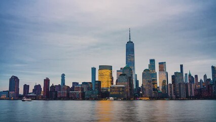 Fototapete - Downtown Manhattan skyline at dusk, New York city, timelapse of day to night transition