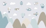 Fototapeta Dziecięca - Scandinavian style kids landscape. Aircraft flying over mountain, childish banner with air transport and rocks. Nursery print, cartoon nowaday vector background