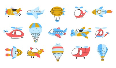 Wall Mural - Childish air transport. Hot air balloons, airplane and airship. Isolated flying transportation, kids trip or adventure on plane. Nowaday childish vector airline travel