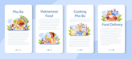 Wall Mural - Pho bo mobile application banner set. Vietnamese soup in a bowl.