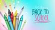 © Zeinous - Back to school crayons vector design. Welcome back to school text with creative crayon arts item in colorful gradient background for kids art and creativity education learning. Vector illustration.