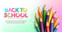 Back To School Vector Design. Back To School Text With Color Pencil Art Elements In Doodle Pattern Gradient Background For Kids Educational Creative Learning Study. Vector Illustration.
