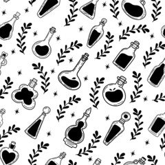 Seamless pattern made with potion bottles and botanical elements.