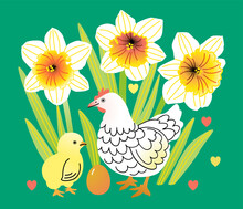 Easter Vector Illustration With Hen, Egg And Chick Among Blooming Daffodils