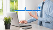 © Ivan - Male business man hand hold a connecting block between two sets of bridge road for a silhouetted man to walk idea icon.