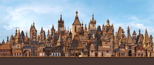 European Medieval Fantasy Town Panorama. Ancient Europe Fairytale Architectural Urban Objects, Buildings, Towers, Traditional Castles, Gothic Churches. History Panoramic 3D Clipart, Game Scene Skyline