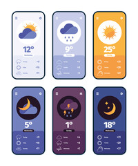 Wall Mural - weather dashboards. ui for smartphone app with weather symbols clouds rain sun garish vector templat