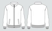 Long Sleeve Jacket With Pocket And Zipper Technical Fashion Flat Sketch Vector Illustration Template Front And Back Views. Fleece Jersey Sweatshirt Jacket For Men's And Boys.