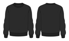 Long Sleeve Sweatshirt Technical Fashion Flat Sketch Vector Illustration Black Color  Template Front And Back Views. Fleece Jersey Sweatshirt Sweater Jumper For Men's And Boys.