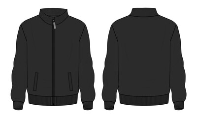 Wall Mural - Long sleeve jacket with pocket and zipper technical fashion flat sketch vector illustration Black Color template front and back views. Fleece jersey sweatshirt jacket for men's and boys.