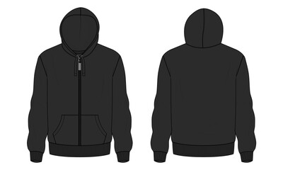 Long Sleeve Hoodie technical fashion flat sketch vector illustration Black Color  template front and back views. Fleece jersey sweatshirt hoodie mock up for men's and boys.