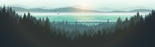 Vector Illustration Of A Mountain Landscape. A Passing Train Offers Natural Scenery, Mountains, Pine Forests And Misty Sea.