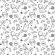 Pets, cats and dogs seamless pattern in doodle style. Cute linear vector black and white animals with toys, four-legged friends and speech balloons