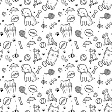 Pets, Cats And Dogs Seamless Pattern In Doodle Style. Cute Linear Vector Black And White Animals With Toys, Four-legged Friends And Speech Balloons