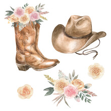 Cowboy Boots And Hat With Floral Decoration. Watercolor Illustrations