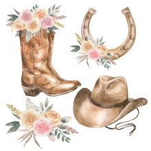 Western Illustration. Cowboy Boots Hat Horseshoe With Floral Decoration