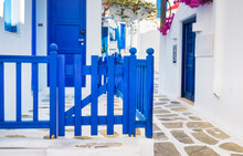 The Island Of Mykonos, Greece. Streets And Traditional Architecture. Entrance To A Private Home. Travel Photography.
