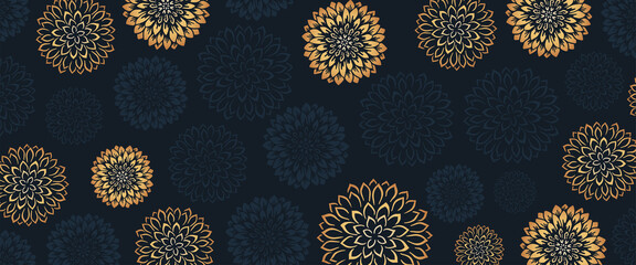 Horizontal indian flowers banner. Mandala illustration on dark background design. Prints, poster, cover.