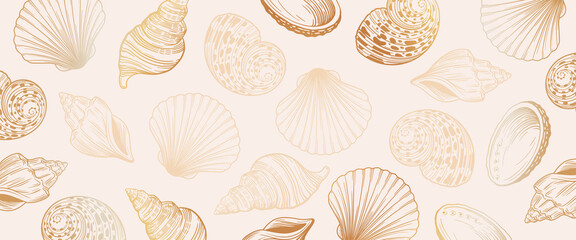 Sea shells horizontal, artistic, colorful, abstract, background banner. Light background.