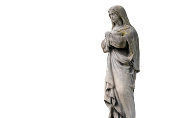 Fototapete - Virgin Mary statue. Ancient sculpture isolated on white background. Copy space.