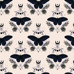 Wall Mural - Magic illustration with butterflies and crescents. Contemporary composition. Trendy texture for print, textile, packaging.