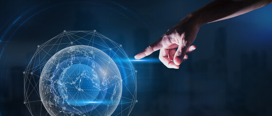 Wall Mural - Business hands touch the Wireless connection global network and global information exchange.