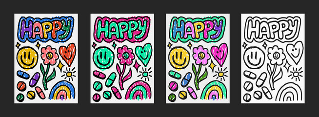 Aufkleber - Set of Cool Hand Drawn Funny Posters Vector Design. Trendy Y2K Style Placards. Cute Emoticon Happy Characters Illustration.