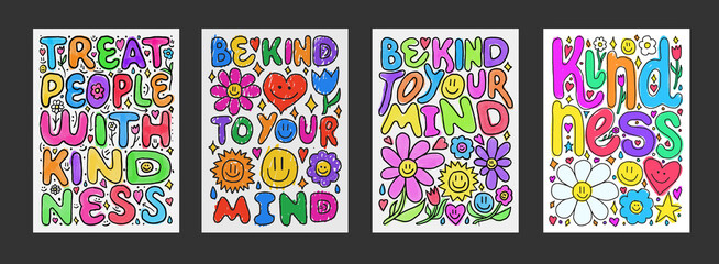 Aufkleber - Set of Cool Hand Drawn Funny Posters Vector Design. Trendy Y2K Style Placards. Cute Emoticon Happy Characters Illustration. Kindness Children Artwork.