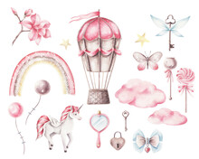 Watercolor Set Illustrations With Fairy Tale Princess Isolated On A Transparent Background.
