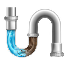 Realistic Drain Pipe. Clogging Plumbing 3d Pipes Under Sink Or Sewerage, Liquid Cleaner For Unclog Toilet Drains, Clean Water Block In Dirt Piped Drainage Tidy Vector Illustration